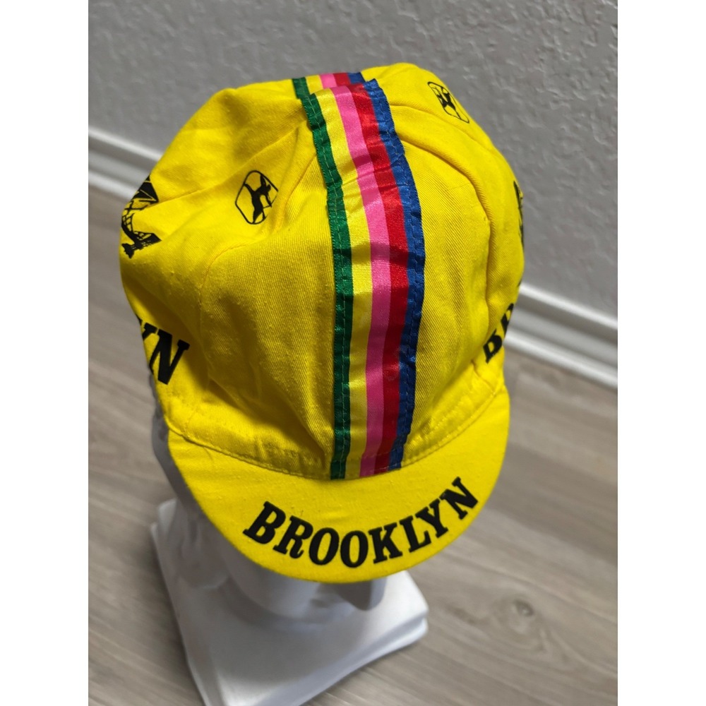 Vintage Brooklyn Cycling Cap Yellow Made in Italy Retro Bike Hat One Size